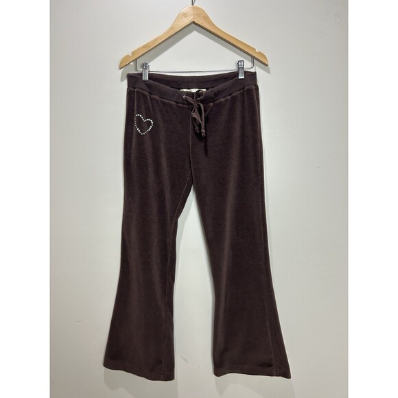 Y2K House Of Freedom Velour Track Suit SET Flare Bling Heart Brown Size M - Picture 2 of 12